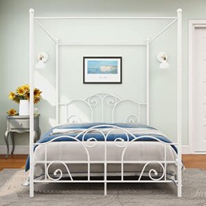 alazyhome queen canopy platform bed frame with headboard and strong support frames easy assembly noise-free no box spring needed white
