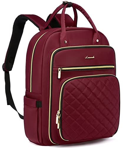 LOVEVOOK Laptop Backpack for Women, 15.6 Inch Computer Backpack for Teacher Nurse with Water Resistant, Lightweight Travel Work Backpack with USB Charging Port, Quilted Commuter Backpack purse, Wine