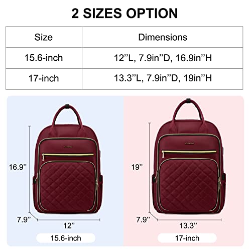 LOVEVOOK Laptop Backpack for Women, 15.6 Inch Computer Backpack for Teacher Nurse with Water Resistant, Lightweight Travel Work Backpack with USB Charging Port, Quilted Commuter Backpack purse, Wine