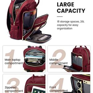 LOVEVOOK Laptop Backpack for Women, 15.6 Inch Computer Backpack for Teacher Nurse with Water Resistant, Lightweight Travel Work Backpack with USB Charging Port, Quilted Commuter Backpack purse, Wine