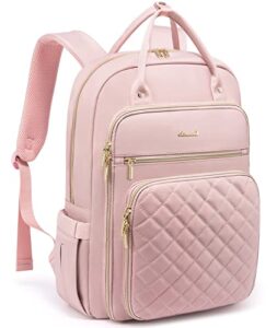 lovevook laptop backpack for women, 15.6 inch computer backpack for teacher nurse with water resistant, lightweight travel work backpack with usb charging port, quilted commuter backpack purse, pink