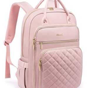 LOVEVOOK Laptop Backpack for Women, 15.6 Inch Computer Backpack for Teacher Nurse with Water Resistant, Lightweight Travel Work Backpack with USB Charging Port, Quilted Commuter Backpack purse, Pink