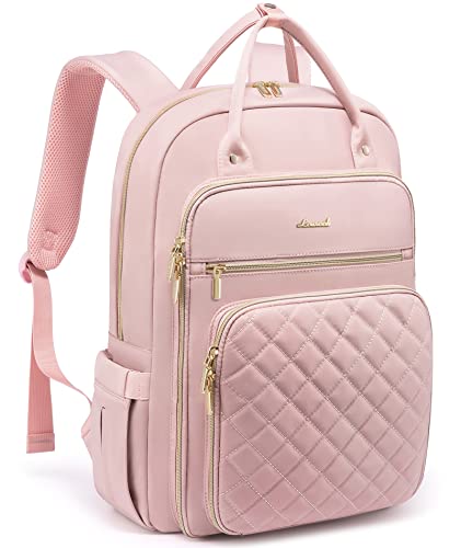 LOVEVOOK Laptop Backpack for Women, 15.6 Inch Computer Backpack for Teacher Nurse with Water Resistant, Lightweight Travel Work Backpack with USB Charging Port, Quilted Commuter Backpack purse, Pink