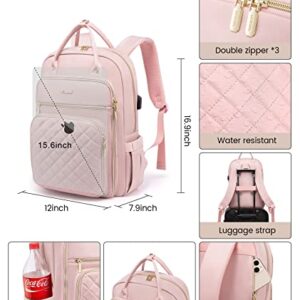 LOVEVOOK Laptop Backpack for Women, 15.6 Inch Computer Backpack for Teacher Nurse with Water Resistant, Lightweight Travel Work Backpack with USB Charging Port, Quilted Commuter Backpack purse, Pink