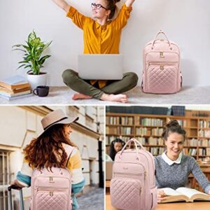 LOVEVOOK Laptop Backpack for Women, 15.6 Inch Computer Backpack for Teacher Nurse with Water Resistant, Lightweight Travel Work Backpack with USB Charging Port, Quilted Commuter Backpack purse, Pink