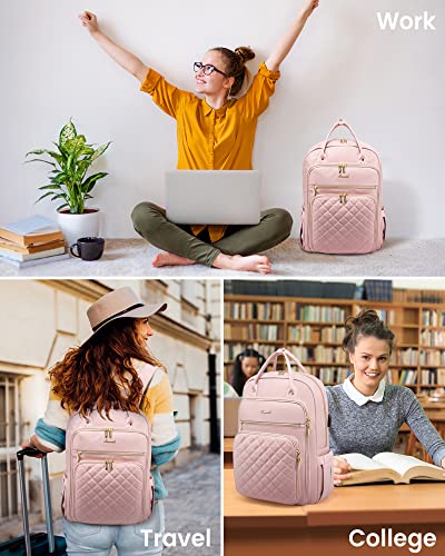 LOVEVOOK Laptop Backpack for Women, 15.6 Inch Computer Backpack for Teacher Nurse with Water Resistant, Lightweight Travel Work Backpack with USB Charging Port, Quilted Commuter Backpack purse, Pink