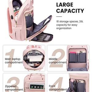 LOVEVOOK Laptop Backpack for Women, 15.6 Inch Computer Backpack for Teacher Nurse with Water Resistant, Lightweight Travel Work Backpack with USB Charging Port, Quilted Commuter Backpack purse, Pink