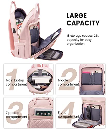 LOVEVOOK Laptop Backpack for Women, 15.6 Inch Computer Backpack for Teacher Nurse with Water Resistant, Lightweight Travel Work Backpack with USB Charging Port, Quilted Commuter Backpack purse, Pink