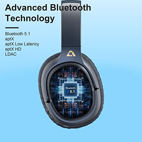 Ankbit E700 Hybrid Active Noise Cancelling Headphones, Bluetooth 5.1 Headphones with LDAC for Hi-Res Wireless Audio, aptX HD & Low Latency Over-Ear Wireless Headphones, Clear Calls, 60H Playtime