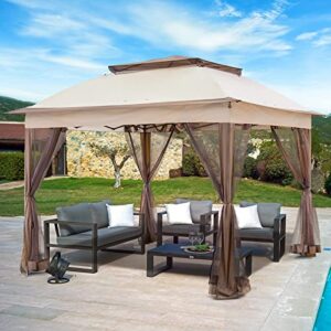 inter hut 11x11 outdoor pop up gazebo tent with mesh walls for patio, lawn, backyard and deck, beige