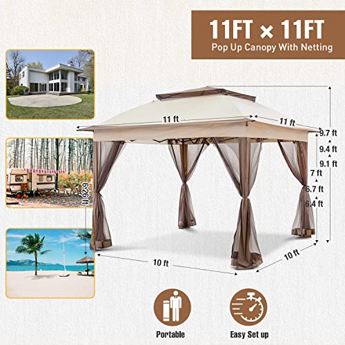 INTER HUT 11x11 Outdoor Pop up Gazebo Tent with Mesh Walls for Patio, Lawn, Backyard and Deck, Beige