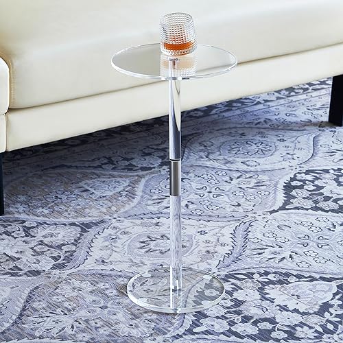 CRYSFLOA Small Side Table Acrylic Small Drink Table Clear End Table Modern Accent Acrylic Table 10 inch Round Drink Table for Living Room Dorm Bedroom Bathroom Office Outdoor Business 10’’x10’’x21.5’’