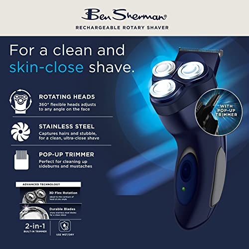 Ben Sherman Shavers for Men Rechargeable Electric Shaver for Men Face, Cordless Rotary Electric Shaver with Pop-Trimmer with Powerful Rotating Heads