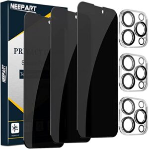 NEEPART [3+3 Pack] Screen Protector for iPhone 14 Pro Max 3 Pack Privacy Screen Protector + 3 Pack Camera Lens Protector; Sensor Protection, Dynamic Island Compatible, 9H Anti Spy Private Tempered Glass Film, Anti-Scratch, Case Friendly