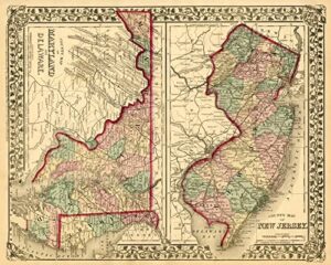 1877 county map of new jersey maryland delaware united states travel vintage poster repro 11" x 14" image size shipped rolled