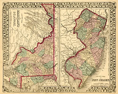 1877 County Map of New Jersey Maryland Delaware United States Travel Vintage Poster Repro 11" X 14" Image Size SHIPPED ROLLED