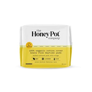 the honey pot company - daytime heavy flow pads with wings - organic pads for women - herbal infused w/essential oils for cooling effect, cotton cover, & ultra-absorbent pulp core -16ct
