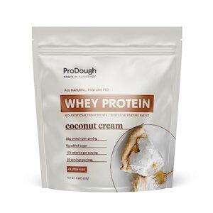 prodough gourmet whey isolate hydrolized protein powder for shake mix- easy digest enzyme blend, 25g protein per serving, natural ingredients, gluten free, keto friendly (coconut cream)