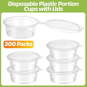 Didaey 300 Pcs 2 oz Plastic Dressing Containers Clear Portion Cups Small Condiment Containers with Lids Hinged Airtight Souffle Cups Disposable Sauce Cups with Lids for Food, Salad Storage