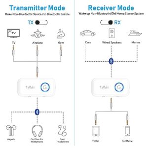 1Mii Bluetooth 5.3 Transmitter Receiver for Airplane/TV to 2 Headphones/AirPods, Dual Links Wireless Audio Adapter w/aptx Low Latency/HD/AptX Adaptive, 3.5mm Aux Bluetooth Adapter for Cars, Gym, Boat