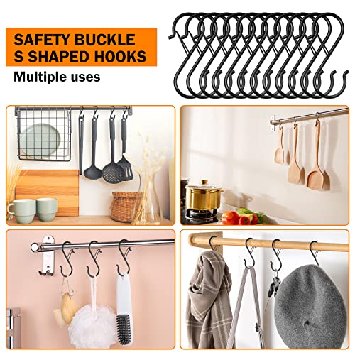 Yzerel 12Pcs S Hooks Hanging Safety Buckle - 3.5 inch Heavy Duty S Hooks,Hanging Plants for Closet Hooks, Clothes, Kitchen Utensil, Pots and Pans, Bags (Black)