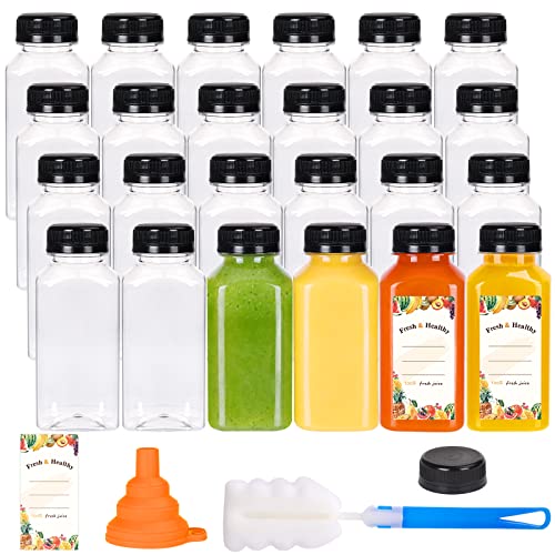 Moretoes 24pcs 8oz Plastic Juice Bottles with Tamper Evident Caps Empty Reusable Clear Bulk Drink Containers with Black Lids for Juicing Milk Smoothie and Other Beverages