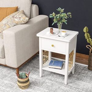 HOMPUS End Table with Draw & Shelf Sets of 2, 2 Pieces Bedside Table Sets, 2 Tier Wooden Small Side Table with Drawer, Accent Table Nightstand with Real Hemp Rope for Living Room, Bedroom