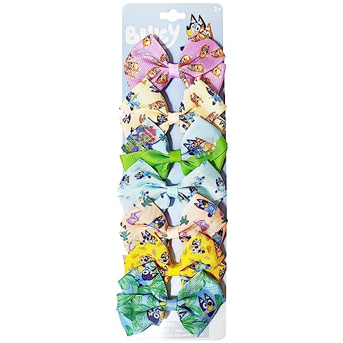 Bluey Kids Hair Bows - Hair Accessories Gift Set - Bluey Hair Bows - 7 Pcs 4 Inch Bow Bundle - Hair Bows for Girls - Different Bluey print on each clip - Alligator Clip - Ages 3 +