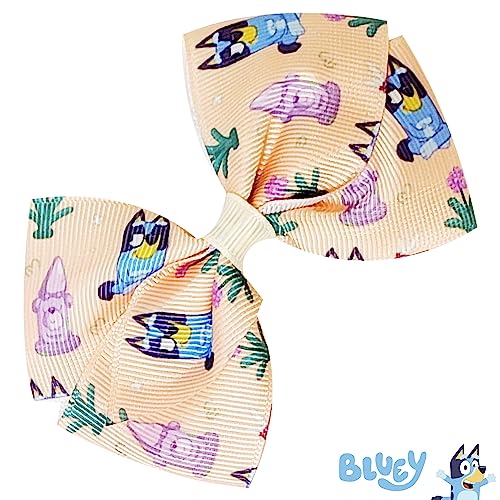 Bluey Kids Hair Bows - Hair Accessories Gift Set - Bluey Hair Bows - 7 Pcs 4 Inch Bow Bundle - Hair Bows for Girls - Different Bluey print on each clip - Alligator Clip - Ages 3 +