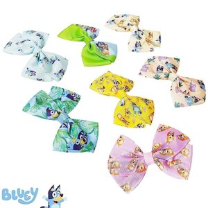 Bluey Kids Hair Bows - Hair Accessories Gift Set - Bluey Hair Bows - 7 Pcs 4 Inch Bow Bundle - Hair Bows for Girls - Different Bluey print on each clip - Alligator Clip - Ages 3 +