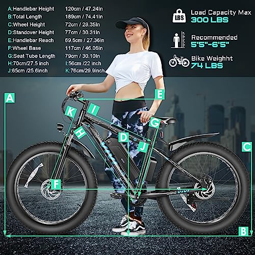 Vivi F26F Electric Bike 500W 26" x 4.0 Fat Tire Electric Bike with 48V 13Ah Removable Battery, 7 Speed, 25MPH, Cruise Control, Up to 50 Miles for Commuting, Beach, Snow