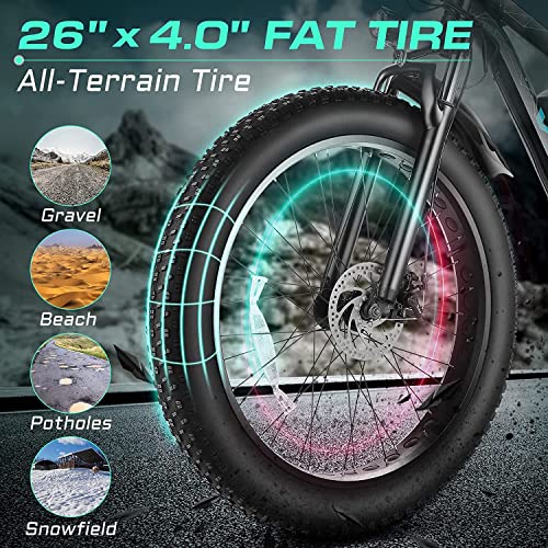 Vivi F26F Electric Bike 500W 26" x 4.0 Fat Tire Electric Bike with 48V 13Ah Removable Battery, 7 Speed, 25MPH, Cruise Control, Up to 50 Miles for Commuting, Beach, Snow