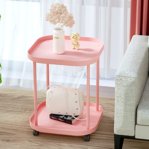 villertech Side Table with Wheels, End Table Living Room Plastic Mobile Sofa Side Table Small Night Stand Bedroom Pink