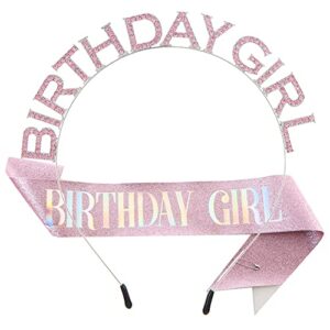 flowerbb tiara and sash birthday girl princess rhinestone birthday girl headband birthday gifts for women birthday girl tiara birthday party supplies girls (pink)