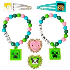 luv her minecraft girls bff 6 piece toy jewelry box set with 2 rings, 2 bead bracelets and snap hair clips ages 3+