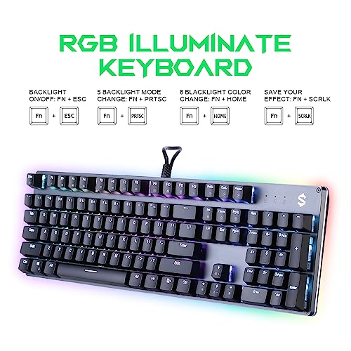 Black Shark Wired Gaming Keyboard, Quiet Red Switch Mechanical Keyboard with RGB Backlit, 104 Keys Full Size with Number Pad, LED Rainbow Light Up Keyboard for Computer PC Desktop