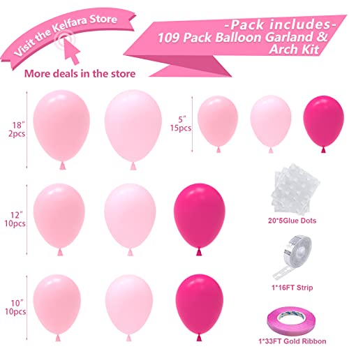 Pink Balloon Garland Arch Kit, Kelfara 109Pcs Hot Pink Latex Pastel Pink Balloon, 18 12 10 5 Inch Latex Balloons for Wedding Birthday Princess Theme Bridal Baby Shower Bridal Shower Party Decorations