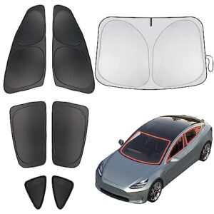 small ant for tesla model 3 2016-2023 car windshield sun shade folding front window sun shade cover heat protection visor, 7pcs set, silver and black