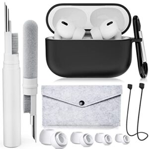 akiki [5 in 1] for airpods pro case cover 2022/2019 with cleaner kit&replacement eartips(xs/s/m/l), soft silicone protective cover with keychain and magnetic anti-lost straps (black)