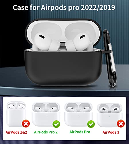 AKIKI [5 in 1] for Airpods Pro Case Cover 2022/2019 with Cleaner kit&Replacement Eartips(XS/S/M/L), Soft Silicone Protective Cover with Keychain and Magnetic Anti-Lost Straps (Black)