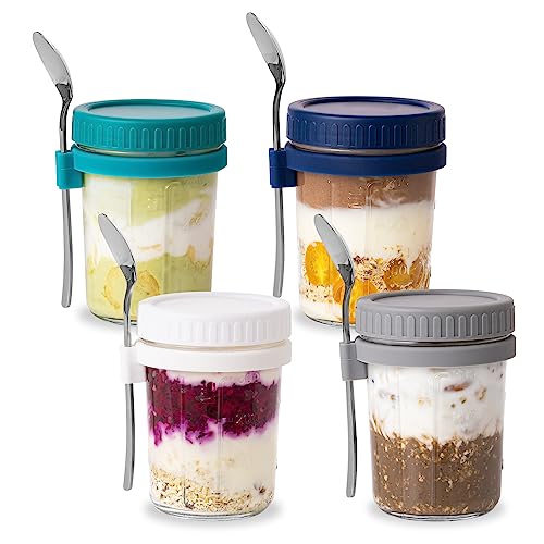 Vorey Pack of 4 Overnight Oats Containers with Lids and Spoons, 16 oz Glass Mason Jars with Measurement Marks, Large Capacity Reusable Airtight Storage, Gray, White, Blue and Green