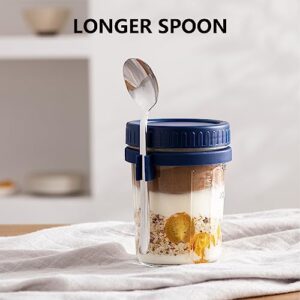 Vorey Pack of 4 Overnight Oats Containers with Lids and Spoons, 16 oz Glass Mason Jars with Measurement Marks, Large Capacity Reusable Airtight Storage, Gray, White, Blue and Green