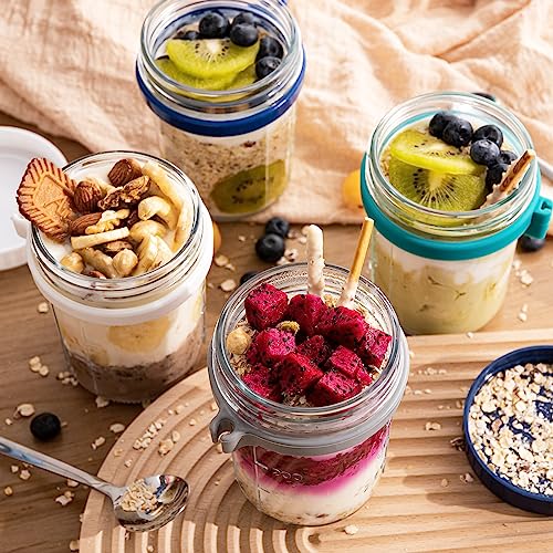 Vorey Pack of 4 Overnight Oats Containers with Lids and Spoons, 16 oz Glass Mason Jars with Measurement Marks, Large Capacity Reusable Airtight Storage, Gray, White, Blue and Green