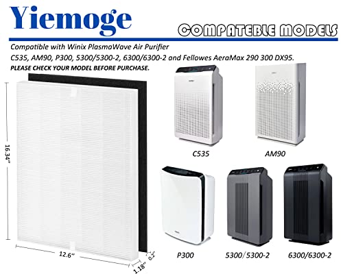 Yiemoge 115115 Replacement filter A: Compatible with winix Plasmawave C535 5300 5300-2 6300 6300-2 AM90 P300 Air Purifier - 2 TURE HPEA filter + 8 Pre-Filters