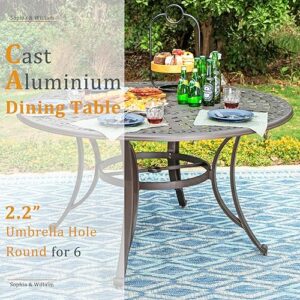 Sophia & William 6-Person Round Cast Aluminium Outdoor Dining Table, Patio Bistro Table with 2.2" Umbrella Hole for Porch Backyard, Bronze