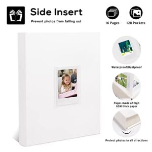 128 Pockets Photo Album with Writing Space, Front Window, Polaroid Photo Albums 3 Inch Compatible with Fujifilm Instax Mini 12 11 9 8 7+ 90 40, Polaroid 300, K-pop Photocards (White)