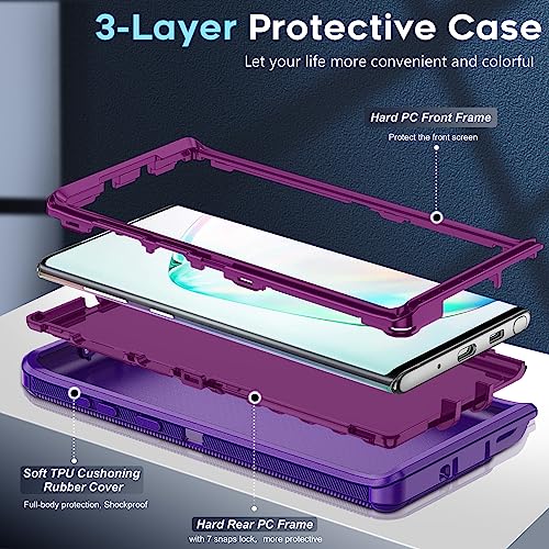 LeYi for Samsung Galaxy Note 10 Case: Note 10 Case [Not for Plus/+] Upgrade 3-in-1 Full Body Shockproof Rubber Outer Cover Heavy Duty Tough Rugged Dustproof Defender Case Note 10, Rose Red/Purple