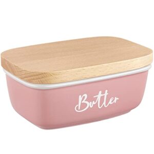 alelion pink butter dish with lid for countertop - ceramic farmhouse butter keeper container with thick beech wood lid - pink kitchen home decor and accessories for kitchen gifts