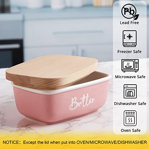 ALELION Pink Butter Dish with Lid for Countertop - Ceramic Farmhouse Butter Keeper Container with Thick Beech Wood Lid - Pink Kitchen Home Decor and Accessories for Kitchen Gifts