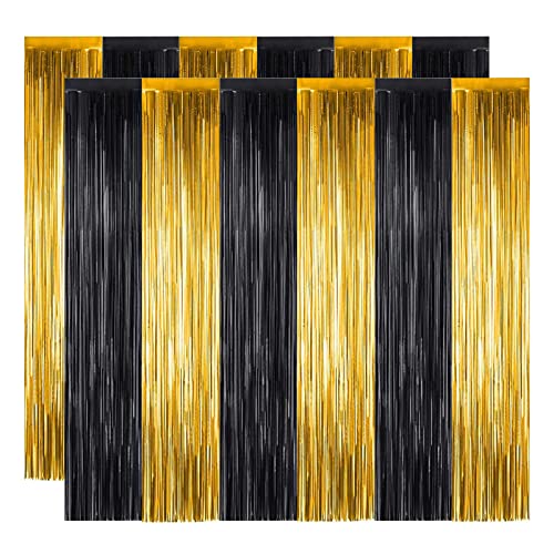 2Pack Foil Fringe Curtains,3.28 X 6.5ft Streamers Backdrop, Fringe Backdrop Tinsel Curtains for Christmas Halloween Party Photo Backdrop Wedding Decor Birthday (Black&Gold, 3.28 X 6.5ft)